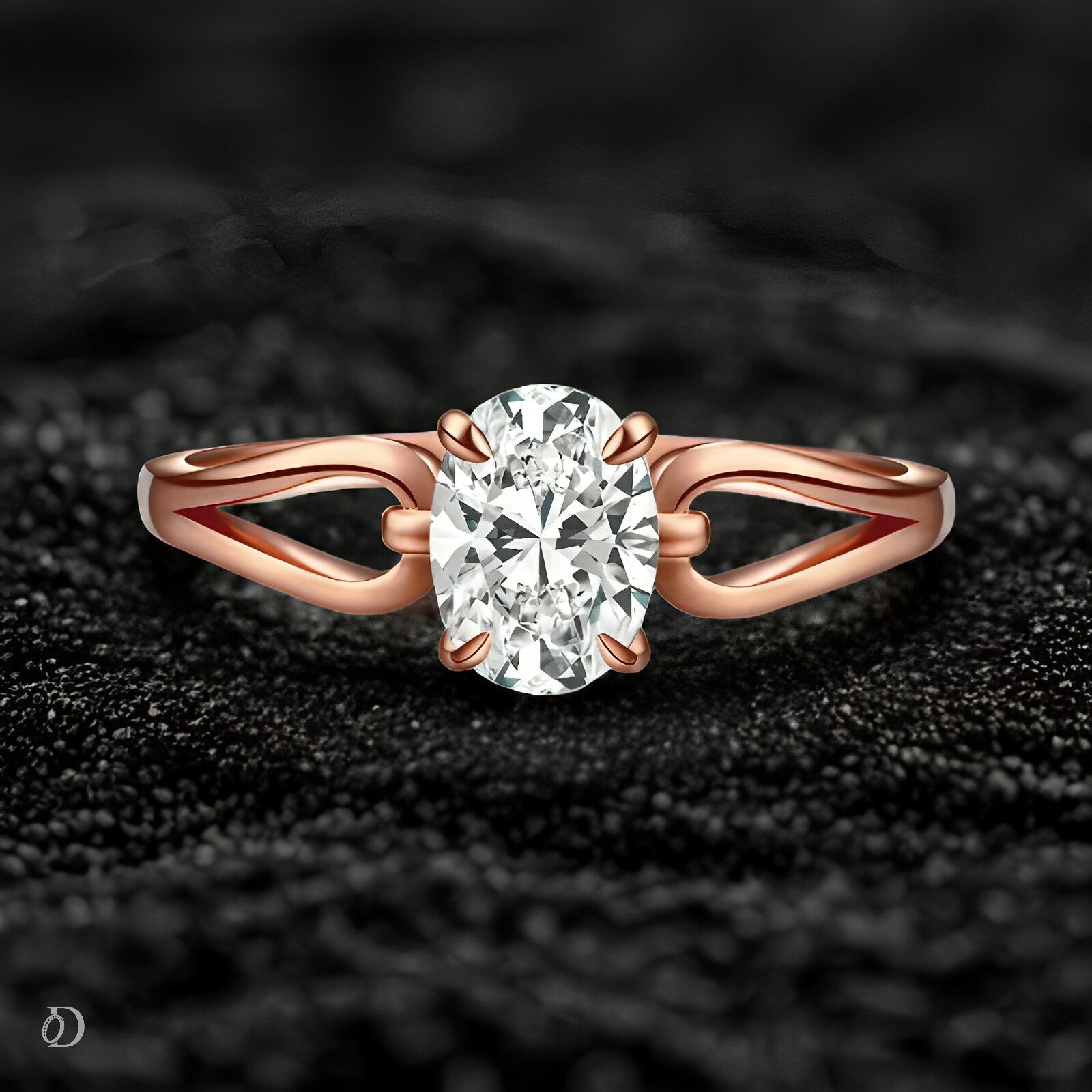 Rose gold ring with a diamond on a textured black background