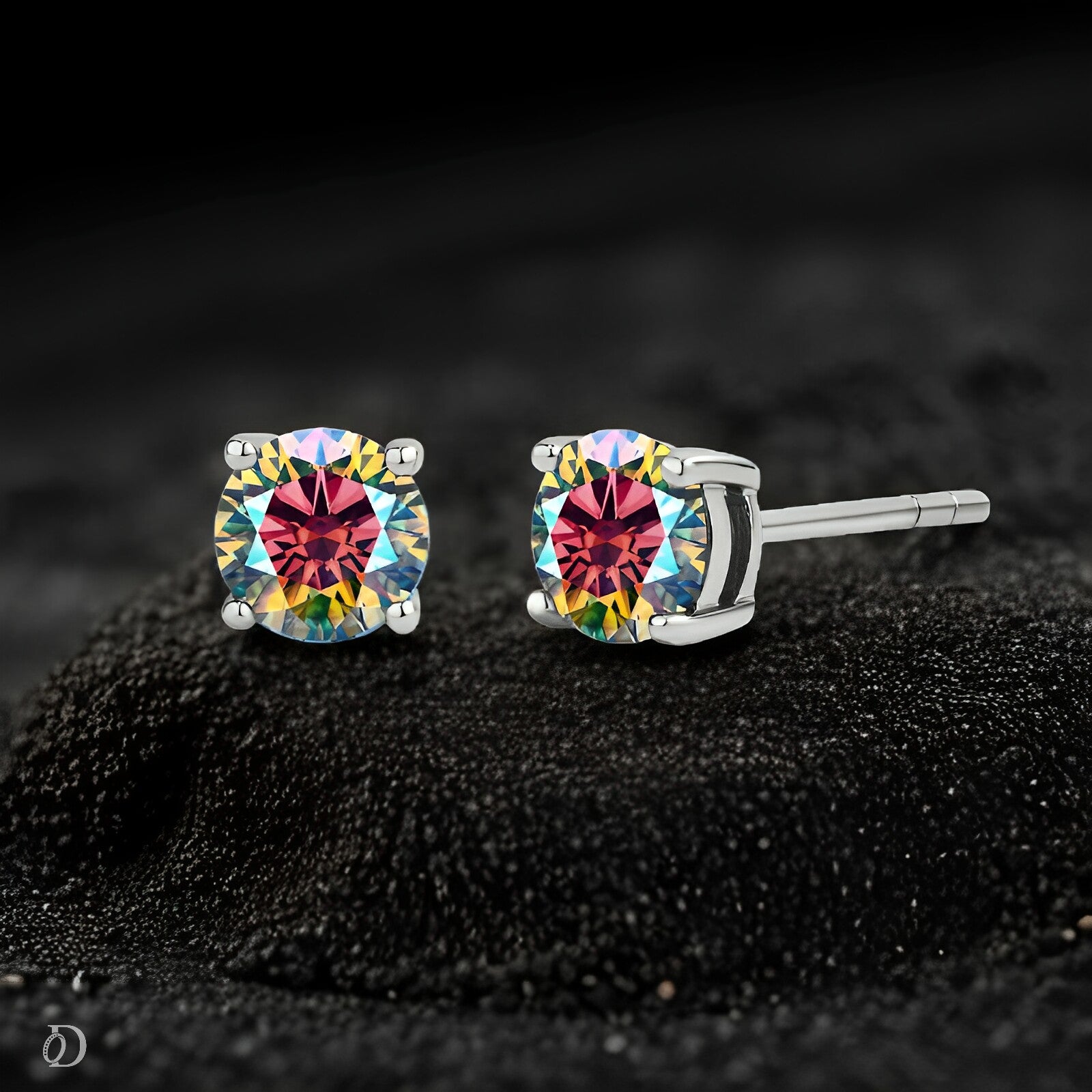Multicolored gemstone stud earrings on a black textured background