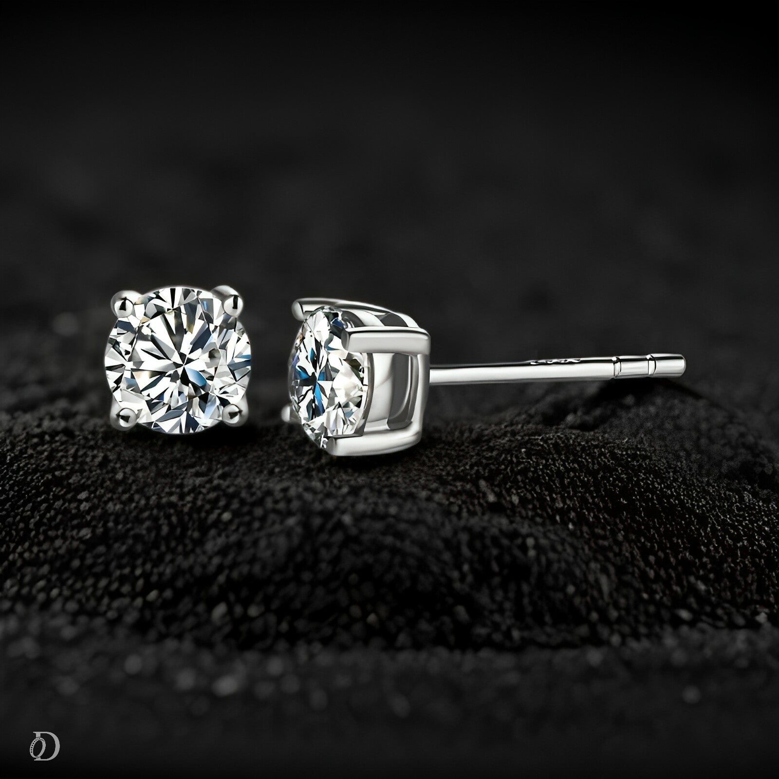 Pair of silver stud earrings with clear gemstones on a textured black surface