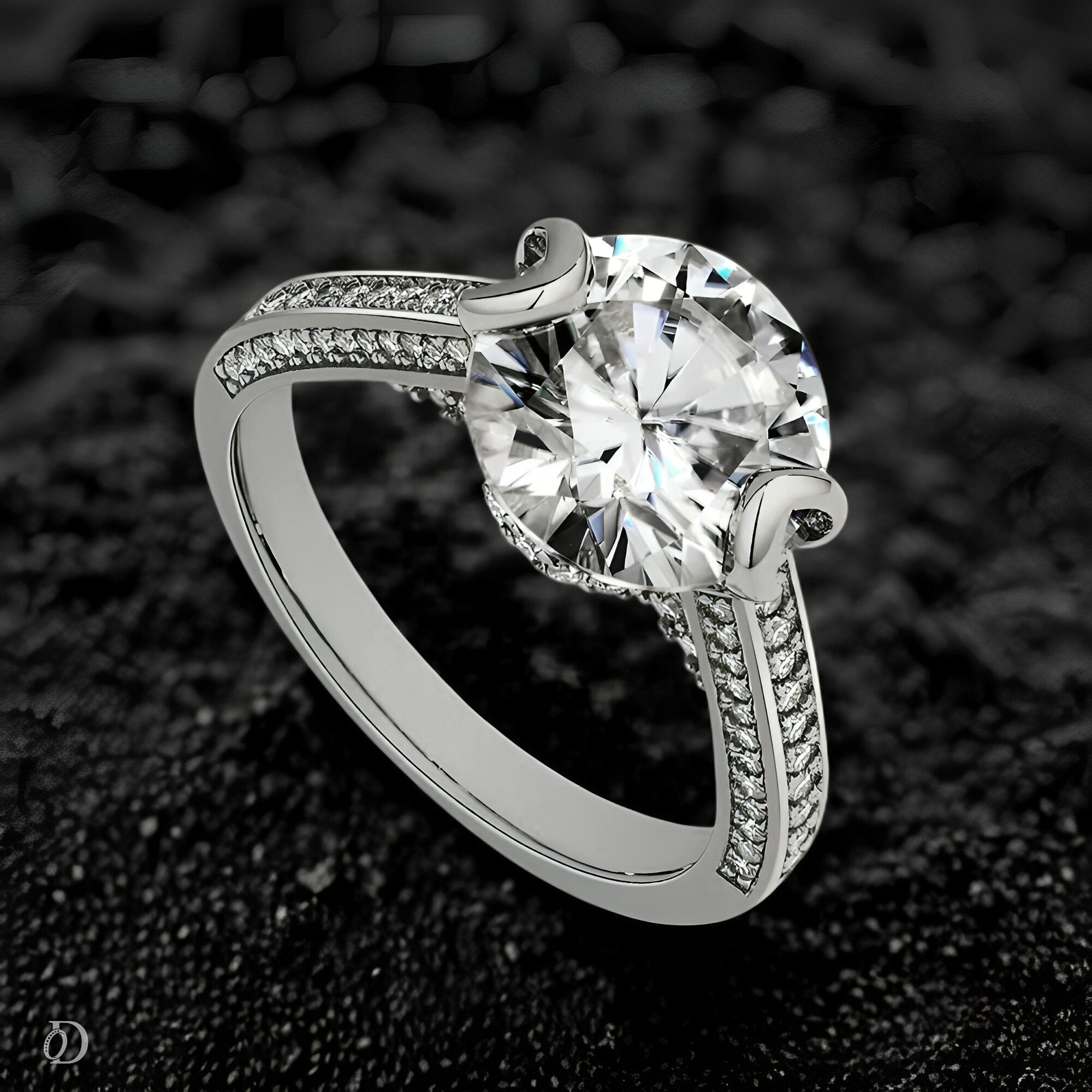 Silver ring with a large diamond on a textured black background