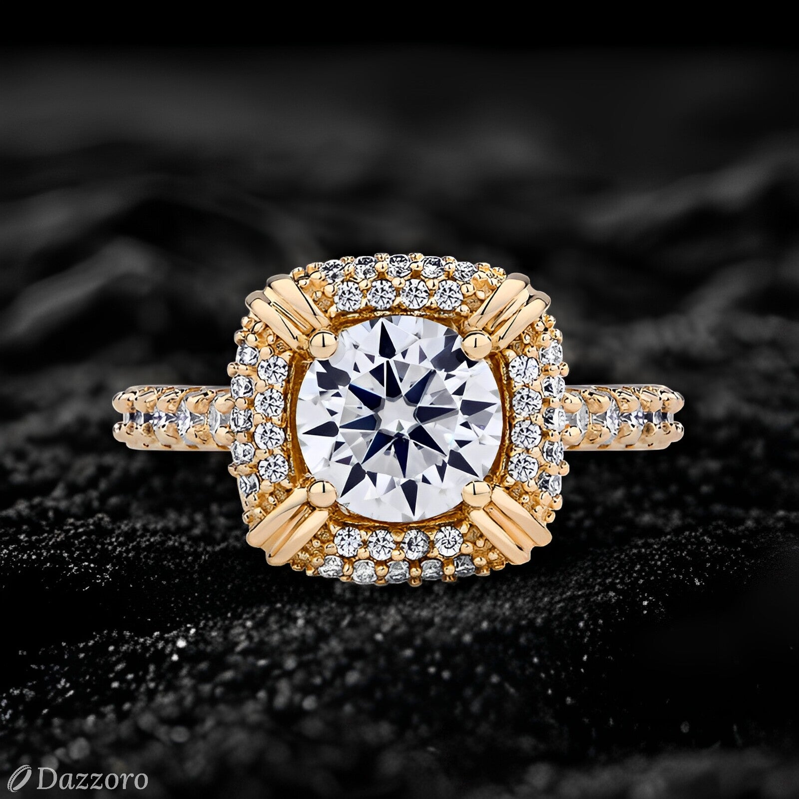 Gold ring with a large diamond and smaller diamonds on a black textured background, Dazzzoro brand visible.