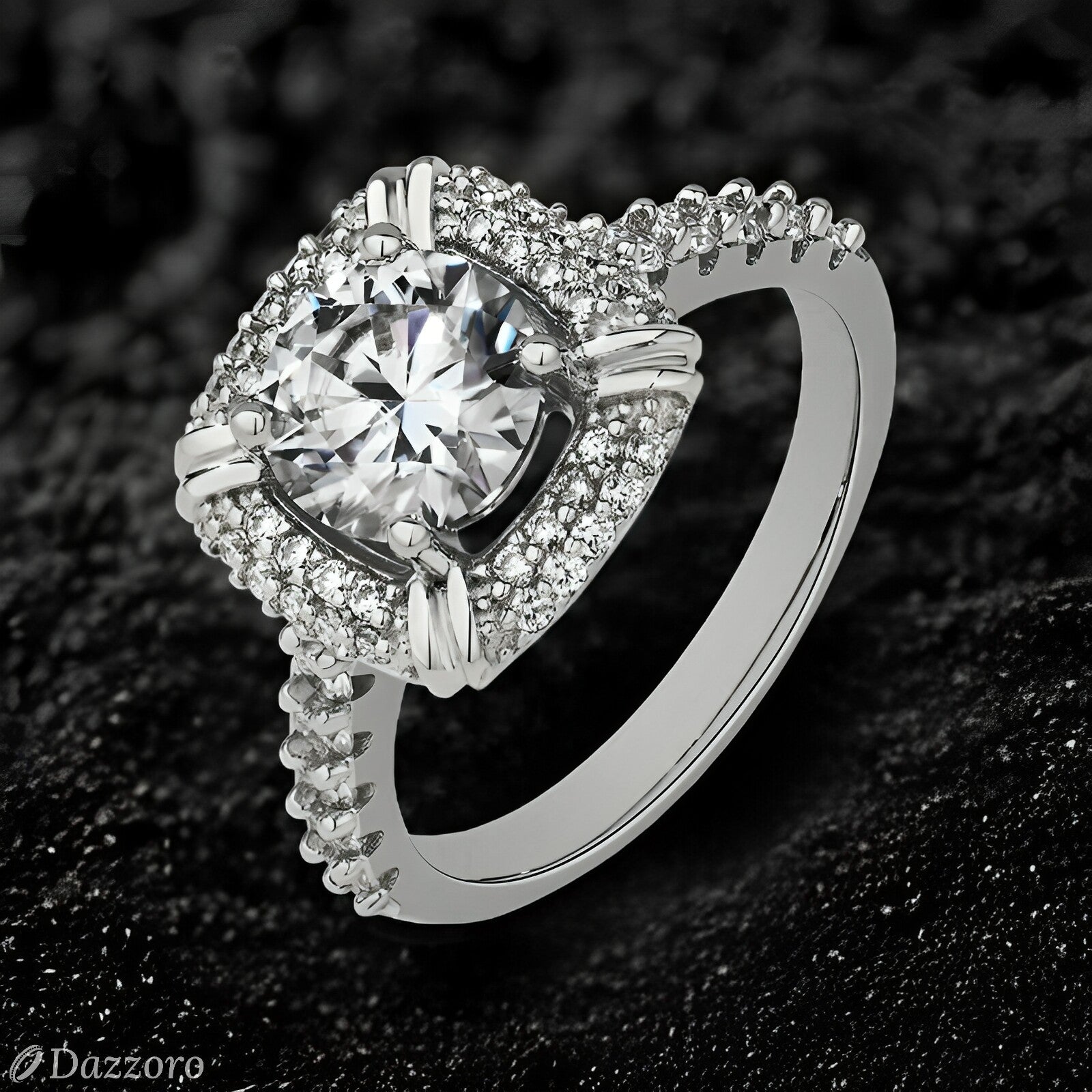 Silver ring with a large central diamond and smaller diamonds on a dark textured background, featuring the brand 'Dazzzoro'.