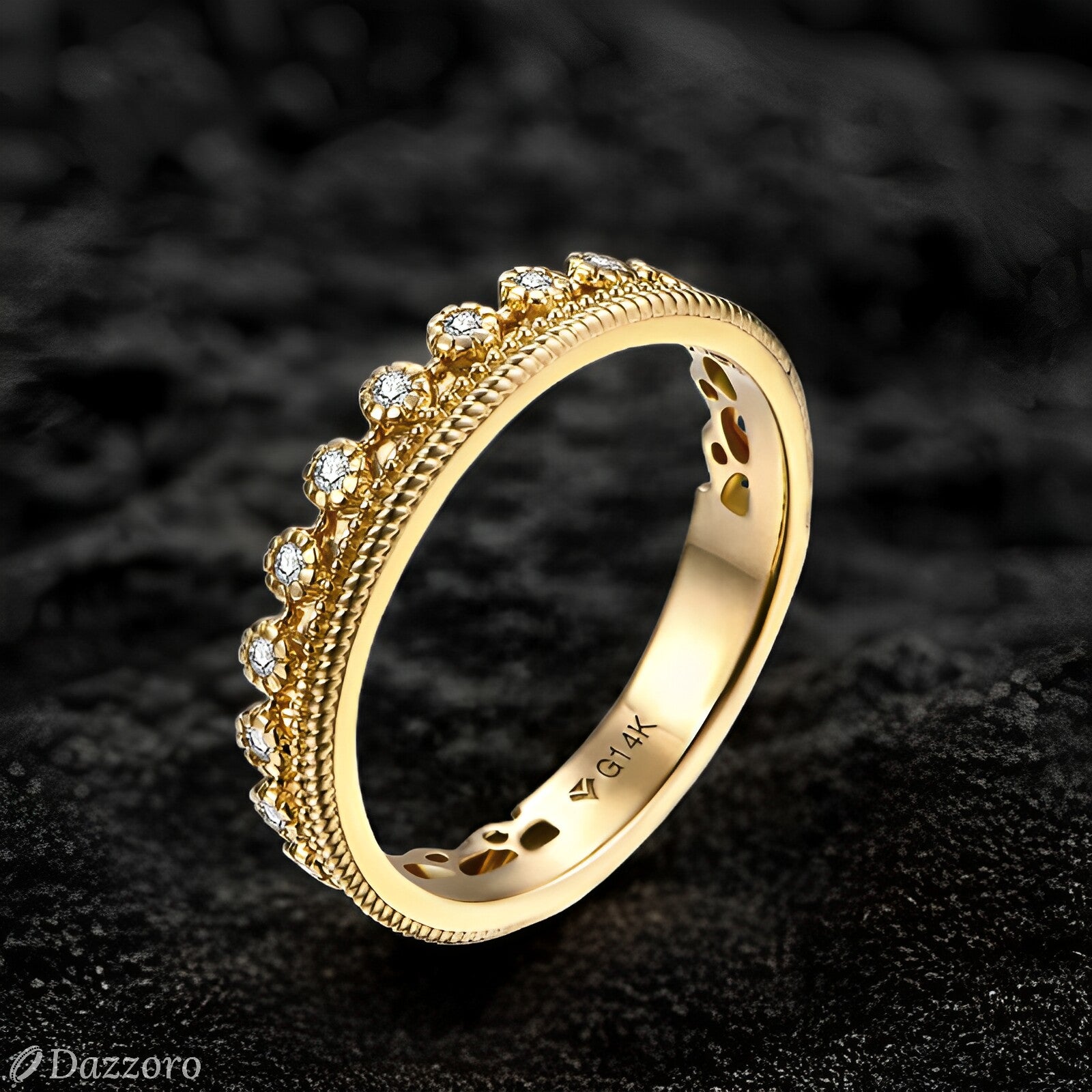 Gold ring with diamonds on a dark textured background, featuring the brand 'Dazzzoro'.