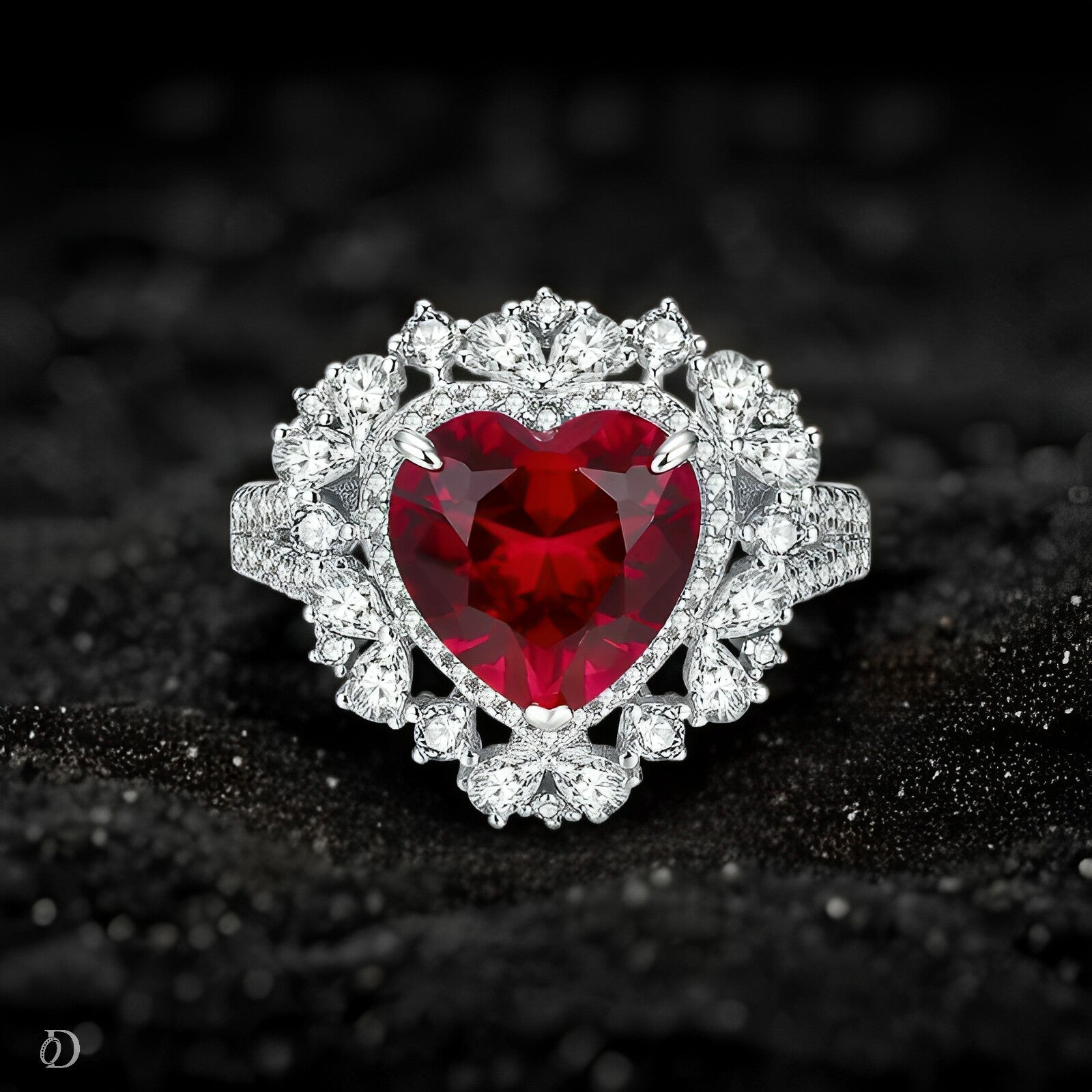 Ring with a heart-shaped red gemstone and diamond-studded band on a dark background