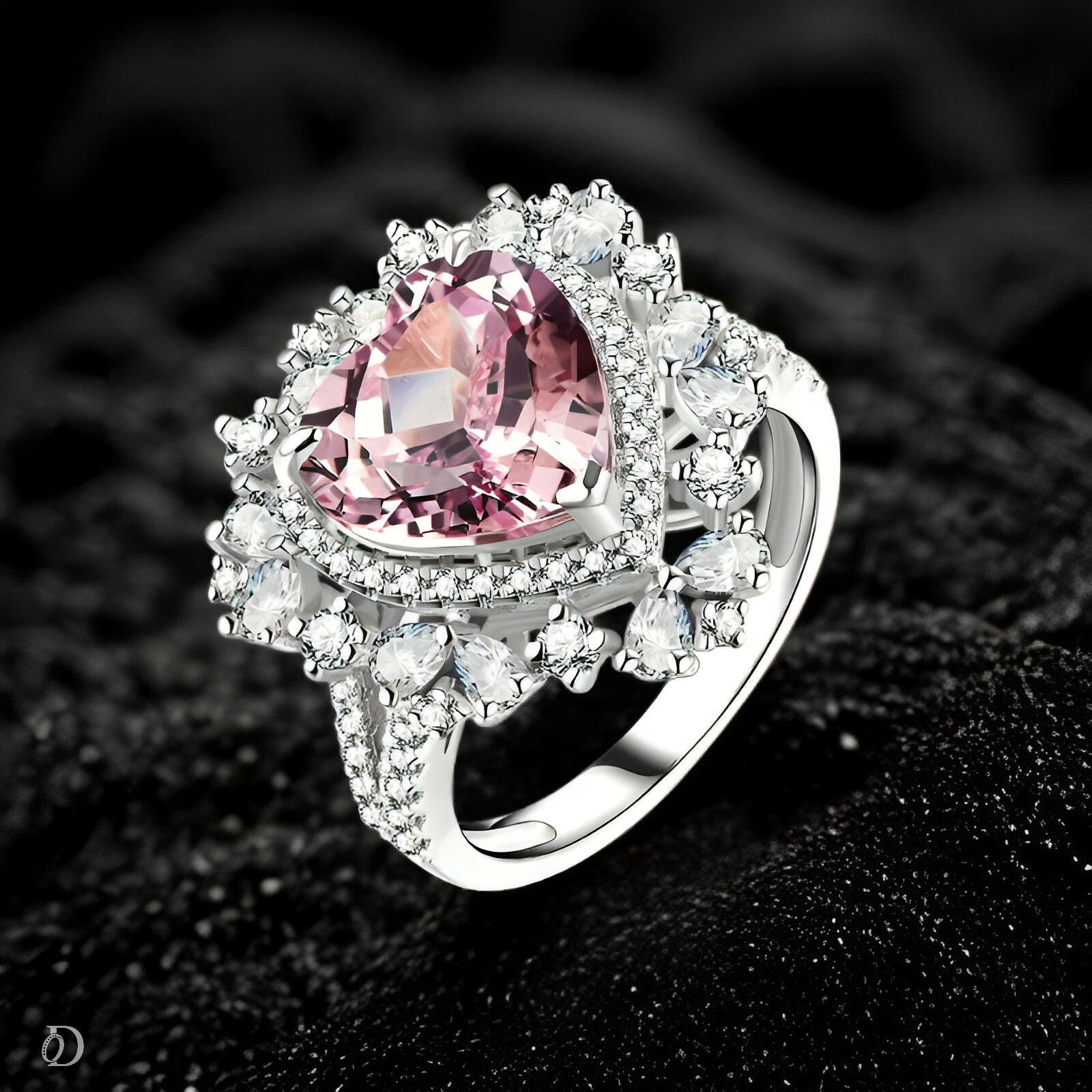 Silver ring with a pink gemstone on a dark background