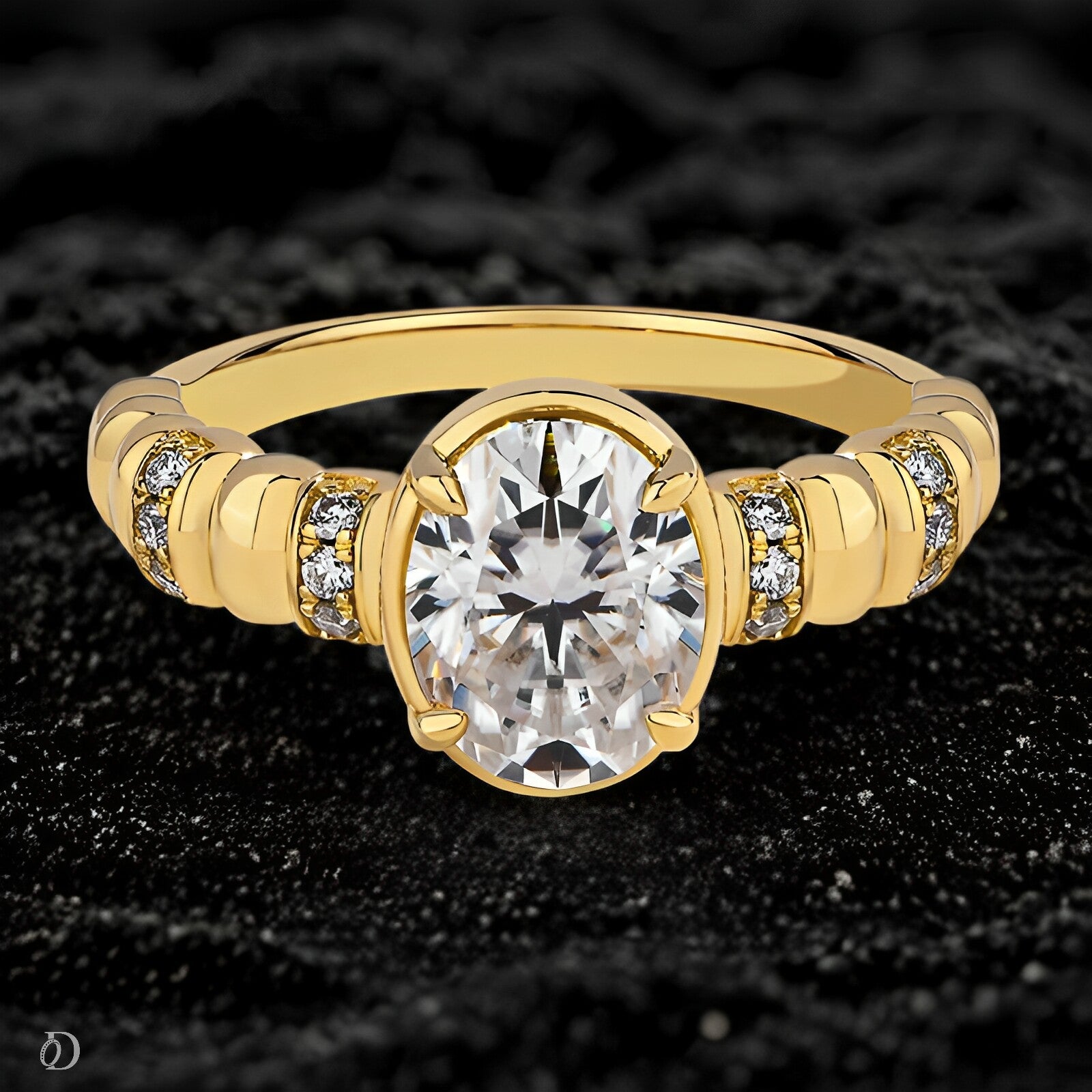 Gold ring with a large diamond and smaller diamonds on the band against a dark background