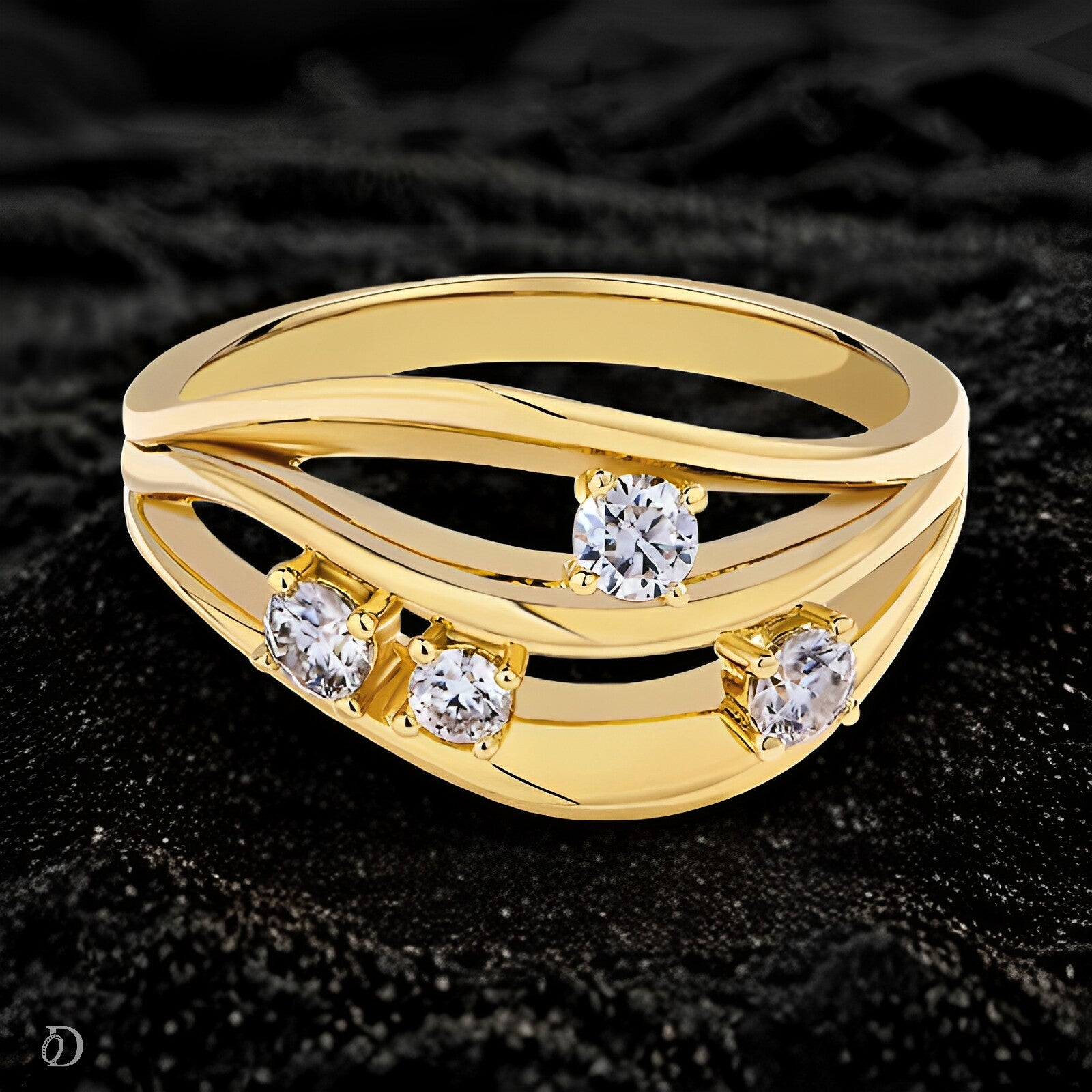 Gold ring with diamonds on a black textured background