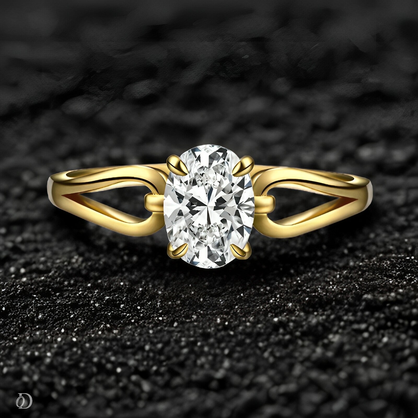 Gold ring with a diamond on a textured black background