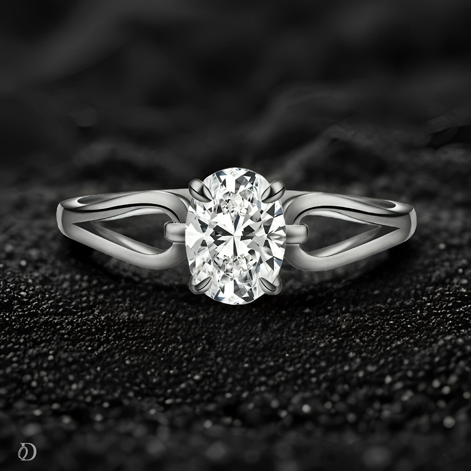 Silver ring with a large diamond on a textured black background