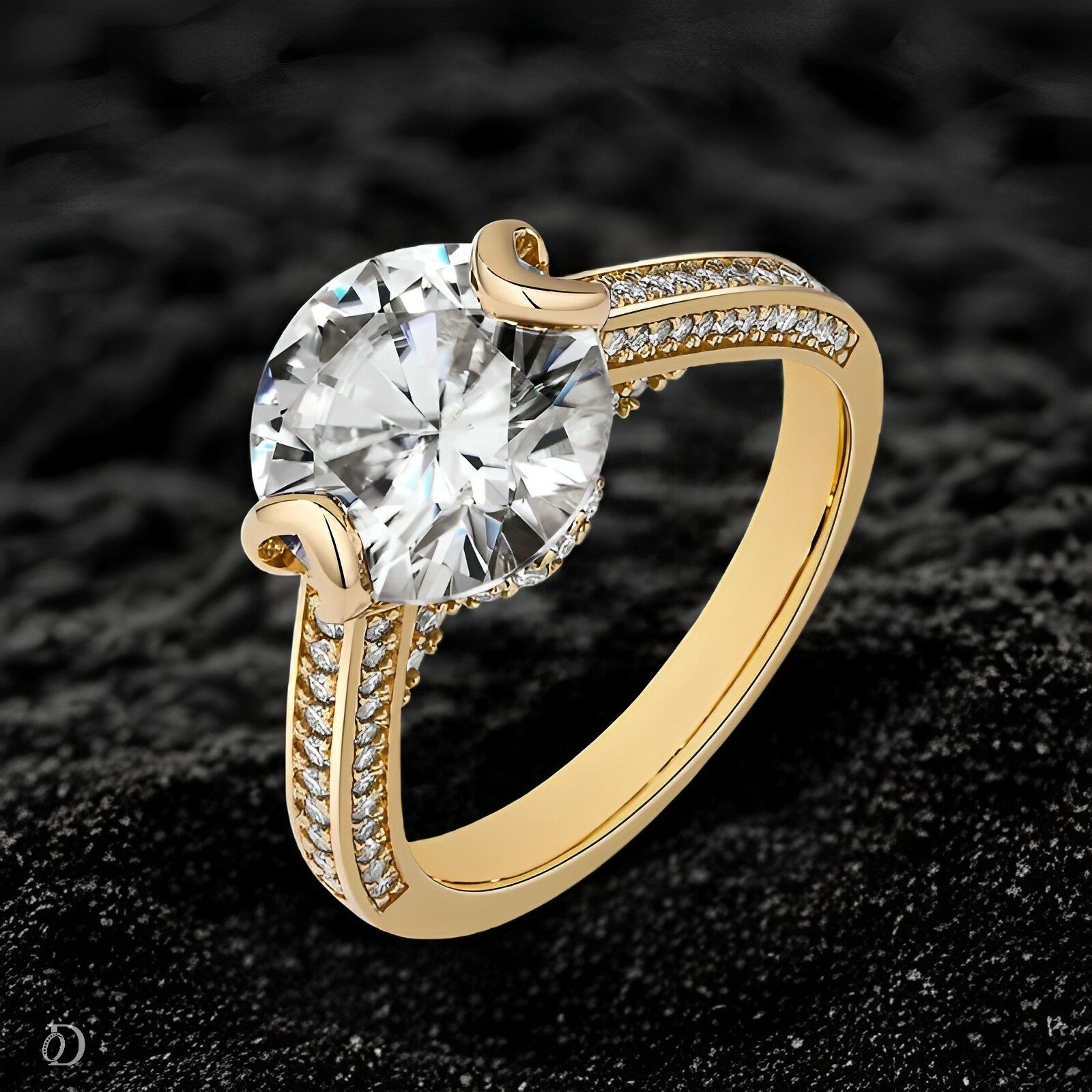 Gold ring with a large diamond on a black textured background