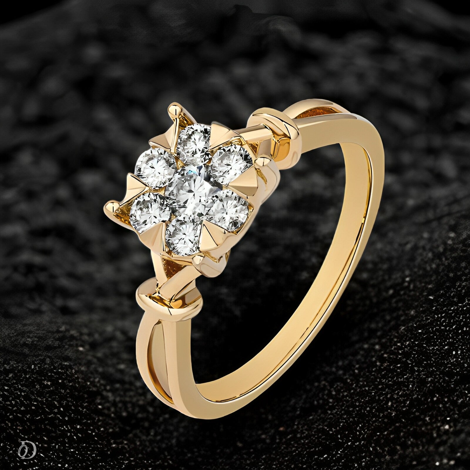 Gold ring with diamond flowers on a dark textured background