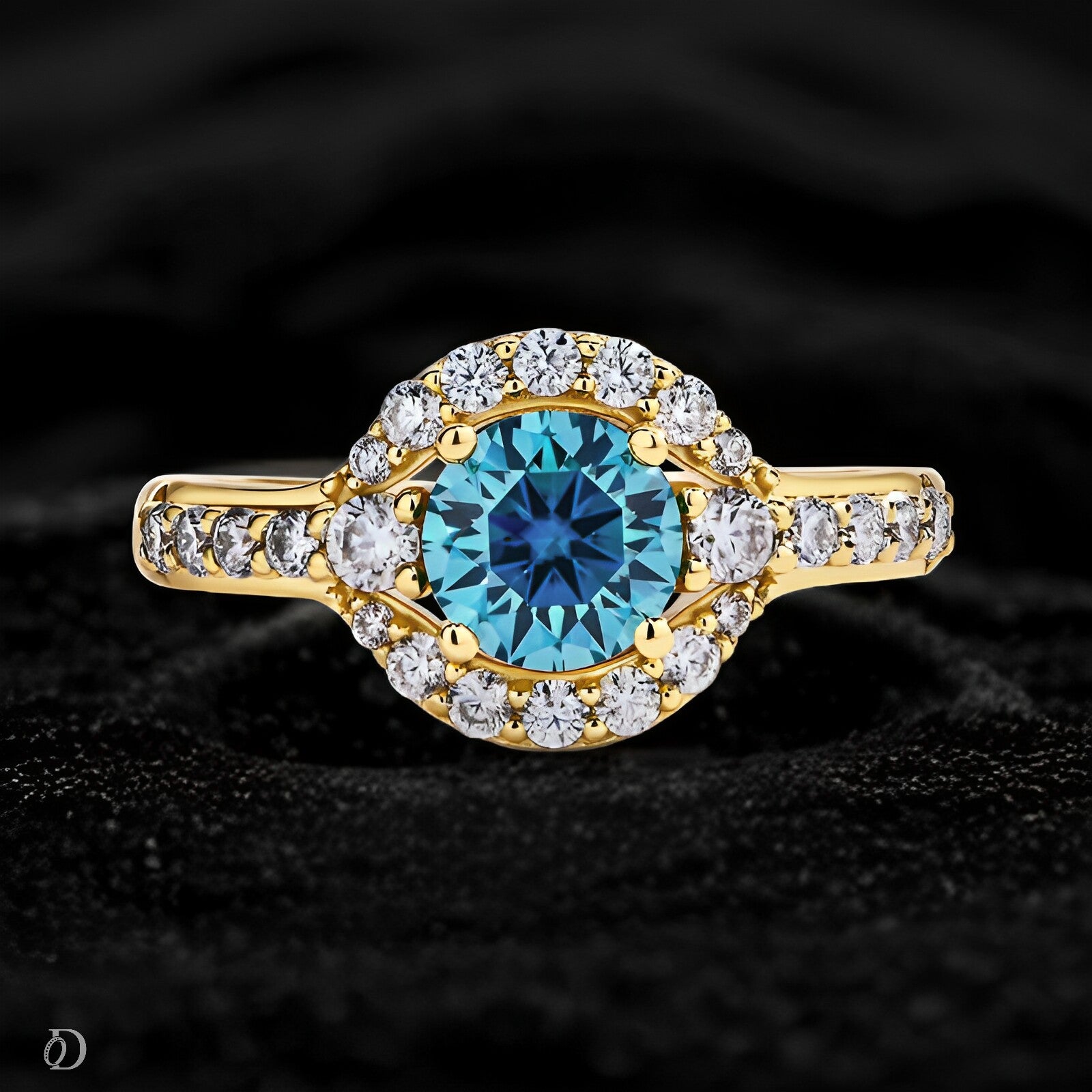 Gold ring with a blue gemstone and diamond accents on a black background