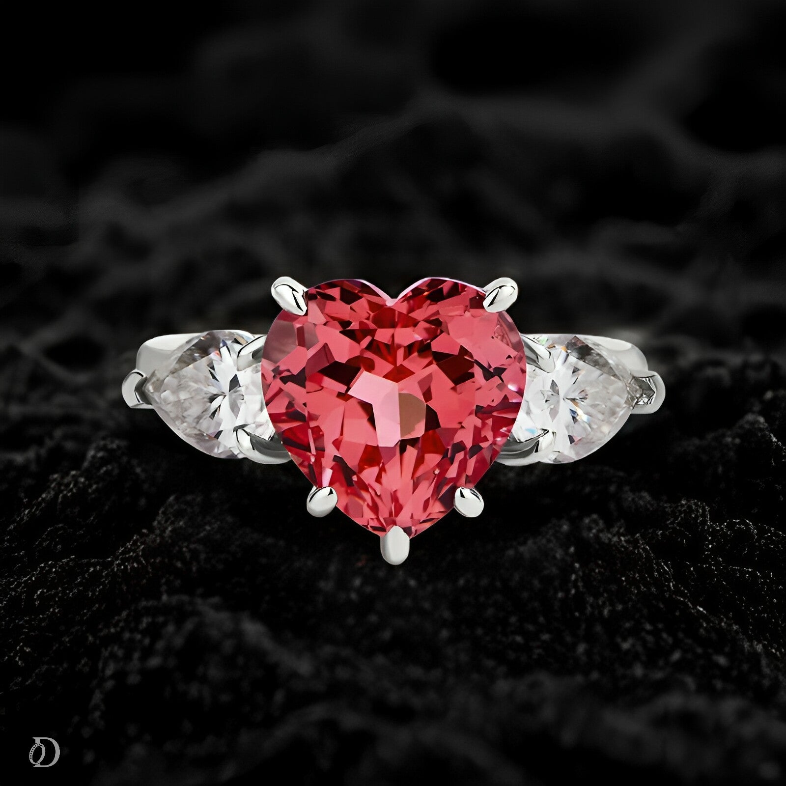 Heart-shaped red gemstone ring with silver accents on a dark background