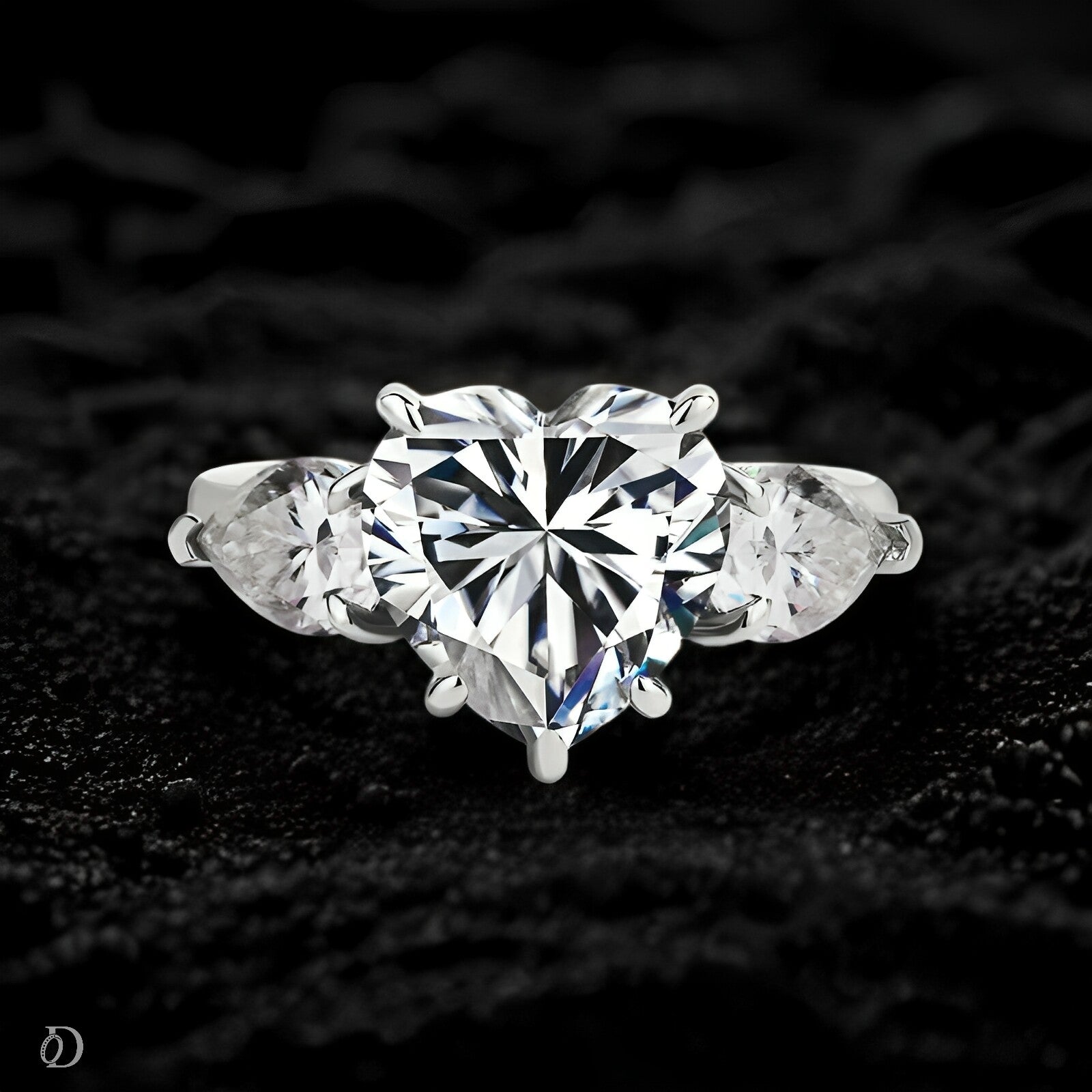 Diamond ring with a heart-shaped center stone on a dark textured background