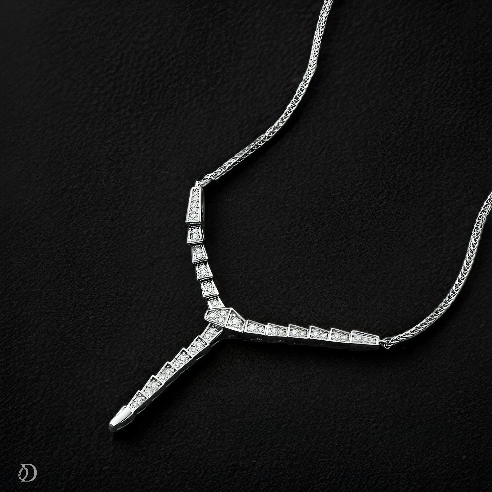 White Gold plated Moissanite necklace on a black background
