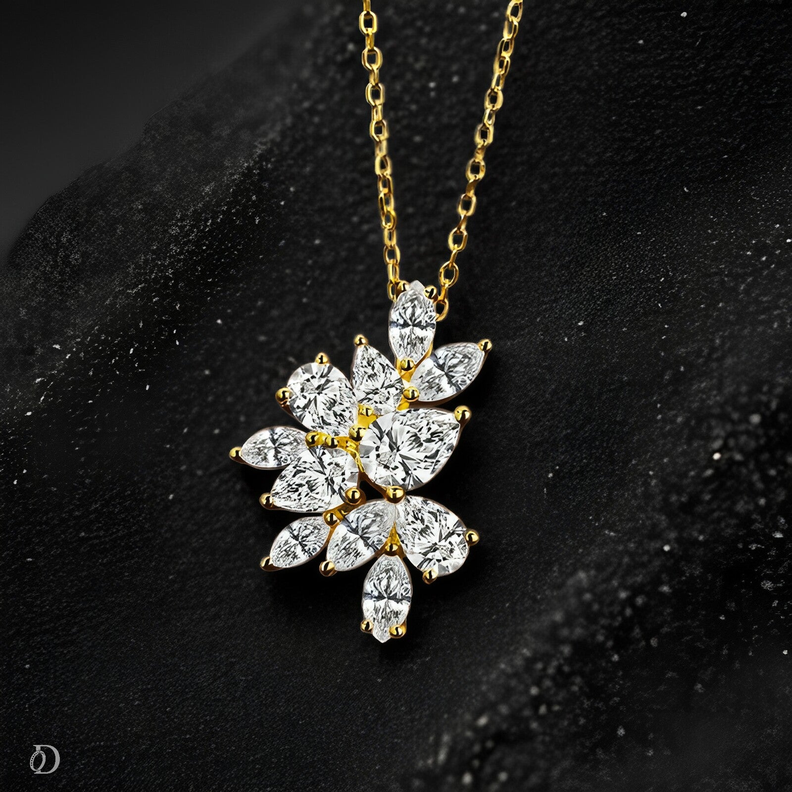 Diamond necklace with gold chain on a dark background
