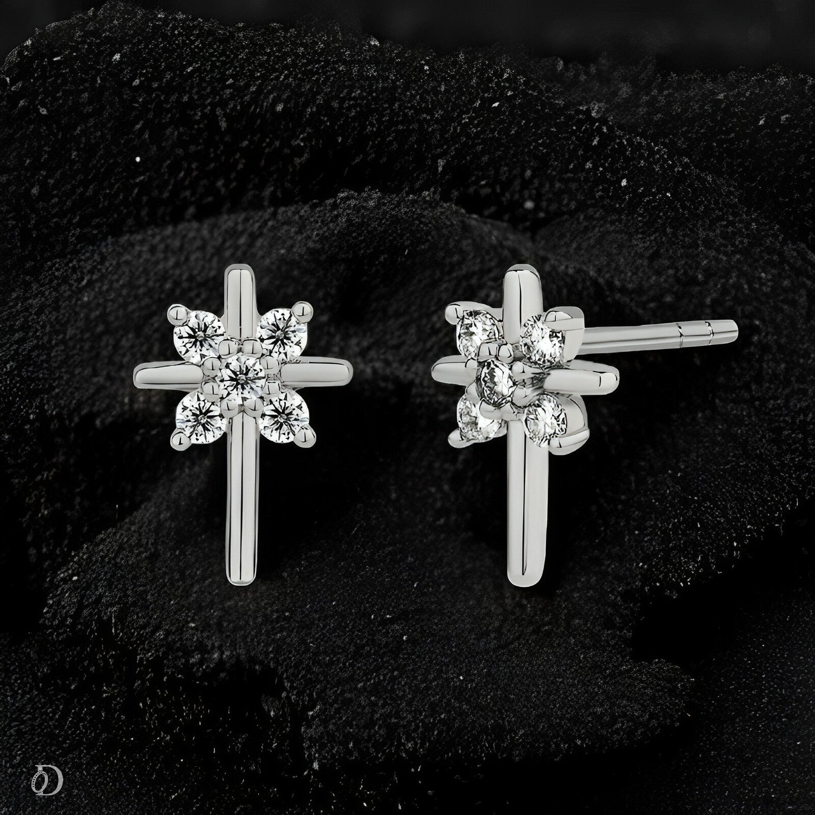 Pair of silver star-shaped earrings on a dark textured background
