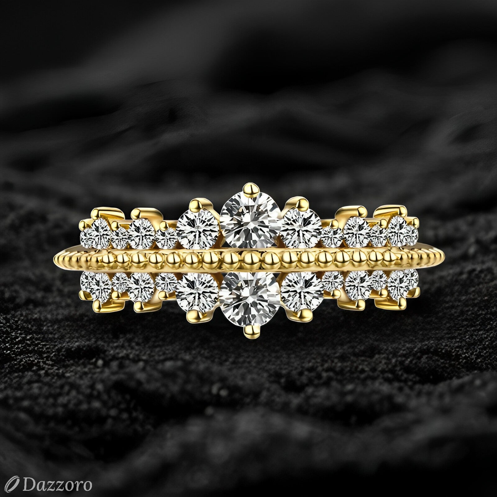 Gold and diamond ring on a textured black background with 'Dazzzoro' branding.