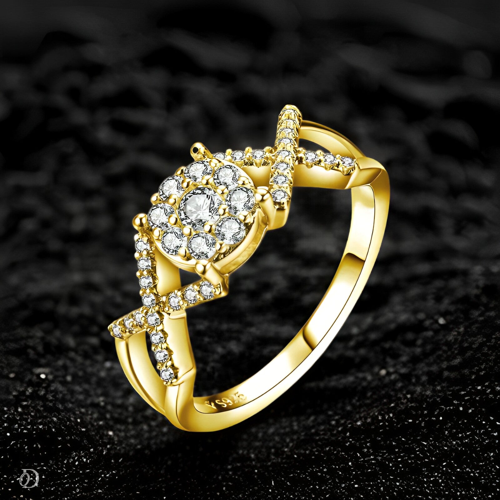 Gold ring with diamond accents on a black textured background